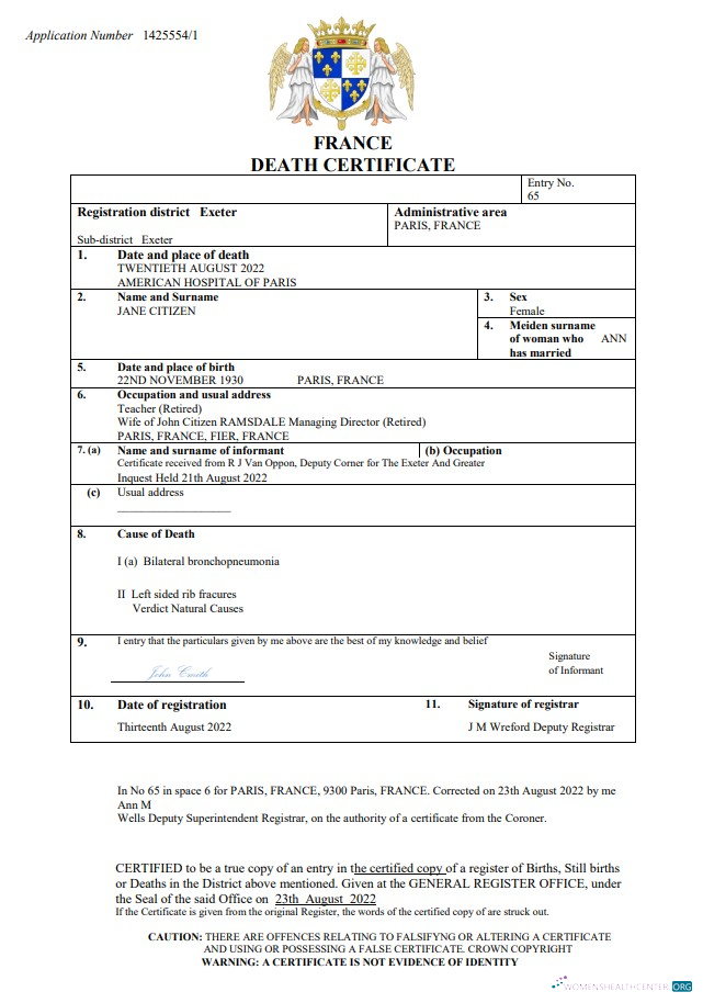 Download France vital record death certificate Word and PDF template Photoshop template